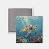 Een zeeschildpad en zonnestralen in de blauwe ocea magneet (Voorkant / Achterkant)