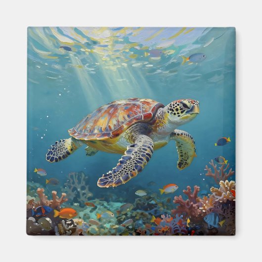 Een zeeschildpad en zonnestralen in de blauwe ocea magneet (Voorkant)