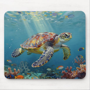Een zeeschildpad en zonnestralen in de blauwe ocea muismat