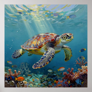 Een zeeschildpad en zonnestralen in de blauwe ocea poster