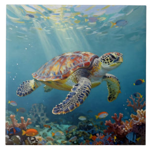 Een zeeschildpad en zonnestralen in de blauwe ocea tegeltje