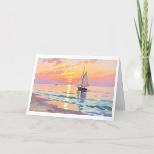 Een zeilschip bij zonsondergang op het zee feestdagen kaart