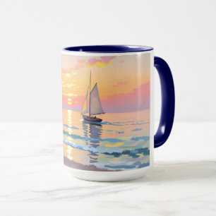 Een zeilschip bij zonsondergang op het zee mok