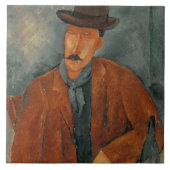 Een zittend man dat op een tafel leunt tegeltje (Voorkant)