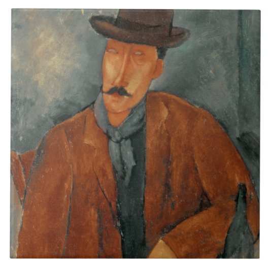 Een zittend man dat op een tafel leunt tegeltje (Voorkant)