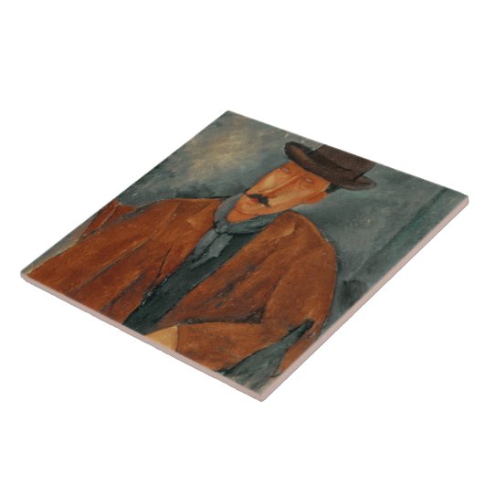 Een zittend man dat op een tafel leunt tegeltje (Zijkant)