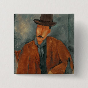 Een zittend man dat op een tafel leunt vierkante button 5,1 cm