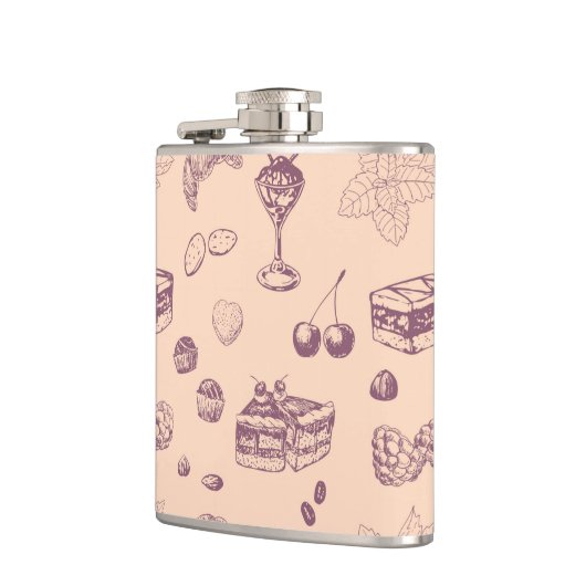 Een zoet patroon met verschillende desserts. heupfles (Links)