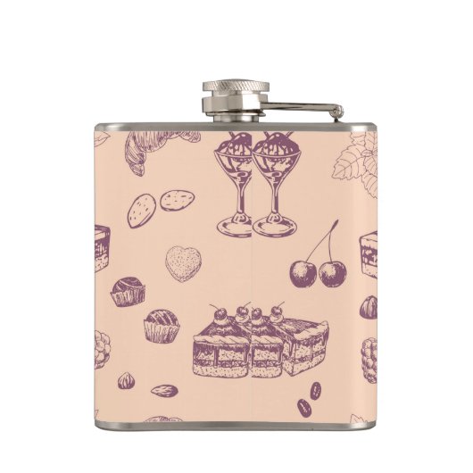 Een zoet patroon met verschillende desserts. heupfles (Achterkant)