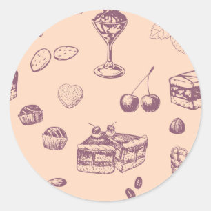 Een zoet patroon met verschillende desserts. ronde sticker