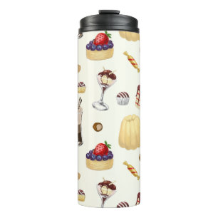 Een zoet patroon met verschillende desserts. thermosbeker
