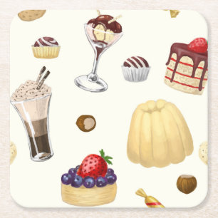 Een zoet patroon met verschillende desserts. vierkante kartonnen onderzetter