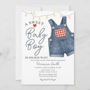Een zoete babyjongen waslijn denim baby shower kaart