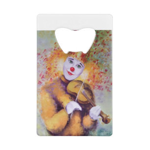 Een zoete clown die de viool speelt kredietkaart flessenopener