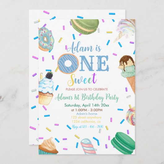 Eén zoete jongen Donut Blauwe Dessert 1e verjaarda Kaart (Voorkant / Achterkant)
