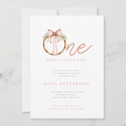 Eén zoete kleine meisje Boog & Hoepel 1e verjaarda Kaart (Voorkant)