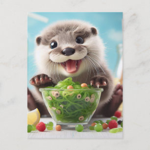 Een zoete schattige gelukkige otter die een salade briefkaart