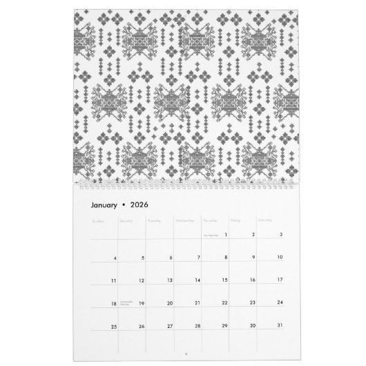 Een zwart-wit patroon met een witte achtergrond kalender (Jan 2026)