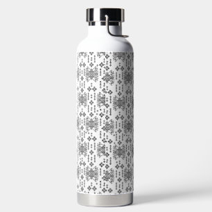Een zwart-wit patroon met een witte achtergrond waterfles