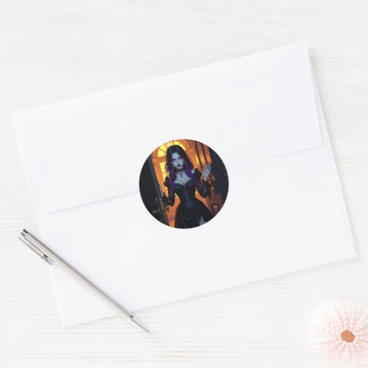 Een zwarte en Paarse heks | Halloween Ronde Sticker (Envelop)