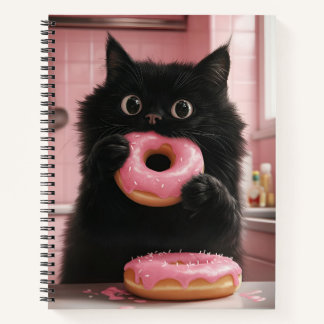 Een zwarte kat houdt roze donuts in zijn poten notitieboek