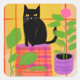 Een zwarte kat met kamerplanten geruite stoel vierkante sticker