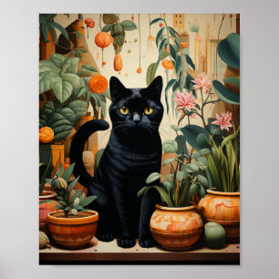 Een zwarte kat met kamerplanten poster