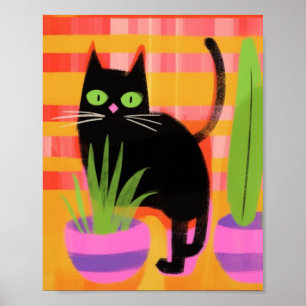 Een zwarte kat met kamerplanten poster