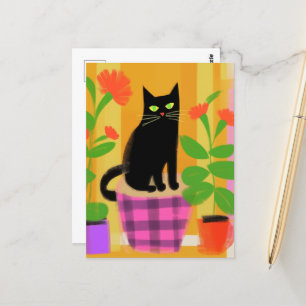 Een zwarte kat met kamerplanten roze Paarse stoel Briefkaart