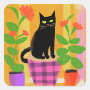 Een zwarte kat met kamerplanten roze Paarse stoel Vierkante Sticker