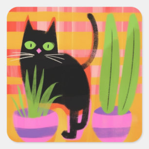 Een zwarte kat met kamerplanten vierkante sticker
