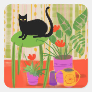 Een zwarte kat met kamerplanten vierkante sticker