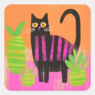Een zwarte kat met roze strepen en kamerplanten vierkante sticker