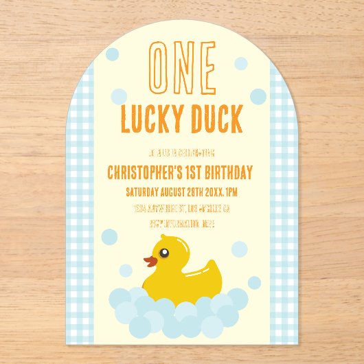 Eend 1e verjaardag acryl uitnodigingen (Voorkant)