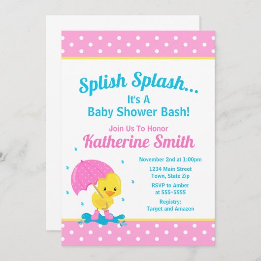Eend Baby Shower Uitnodiging Meisje Roze (Voorkant / Achterkant)