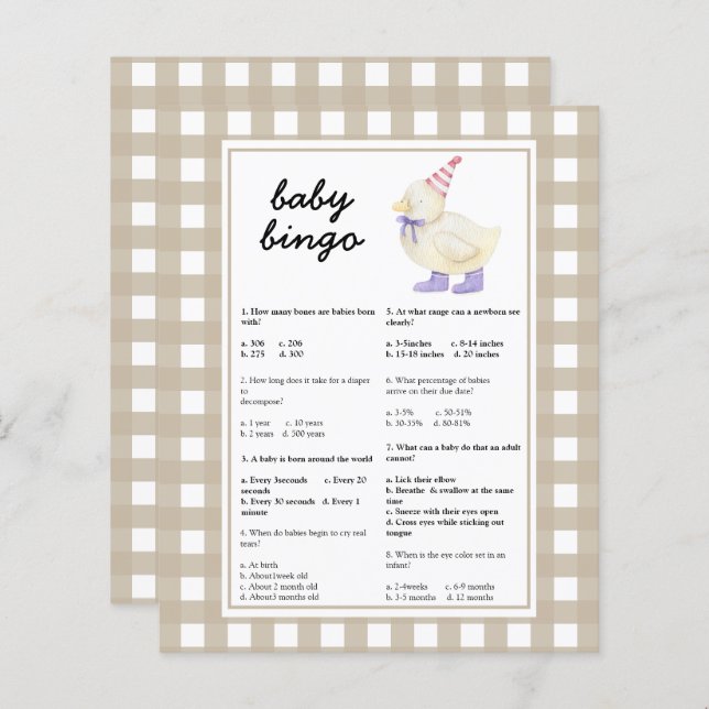 Eend - Baby Trivia | Baby shower spel (Voorkant / Achterkant)