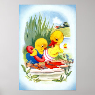 Eend en kuiken gaan zwemmen poster