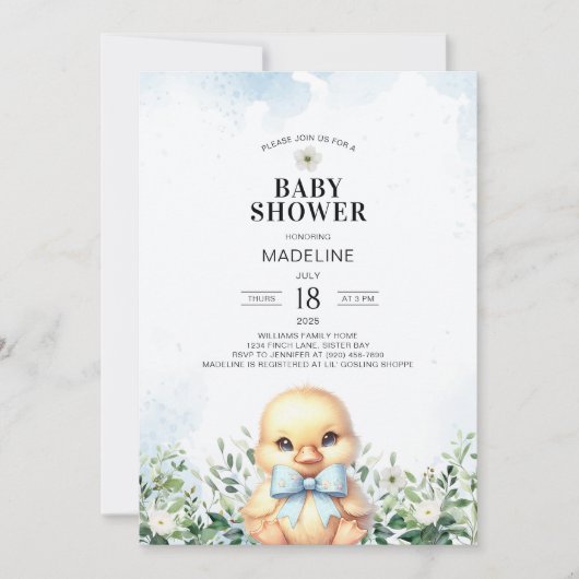 Eend met Bow Blue Boy Baby shower Invitation Kaart (Voorkant)