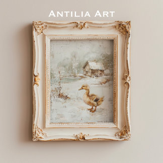  eend schilderij rustiek besneeuwd landschap poster