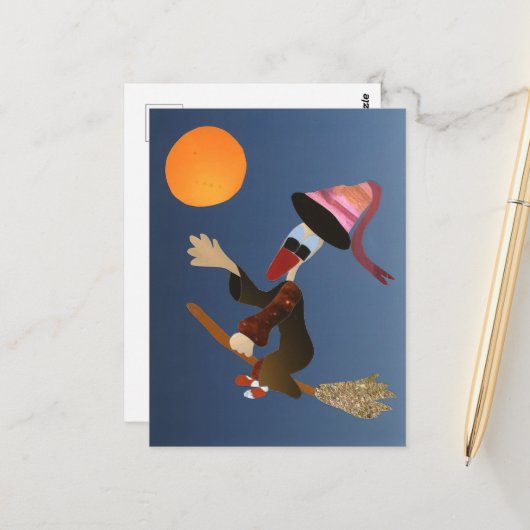 Eend vliegt als heks door volle Halloween maan Briefkaart (Voorkant / Achterkant in situ)