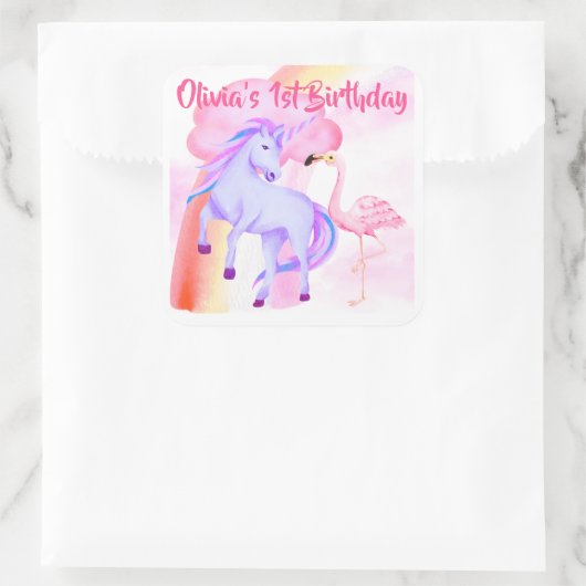 Eendags Eenhoorn Regenboog Flamingo Meisje Verjaar Vierkante Sticker (Tas)