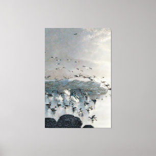 Eenden, Mallards en Zwans op het meer bij zonsonde Canvas Afdruk