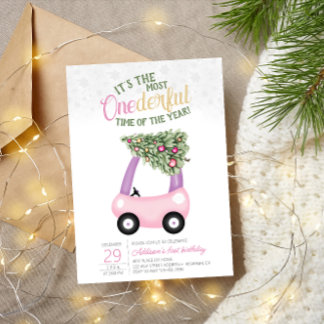 EENderful tijd van het jaar roze auto 1e verjaarda Kaart