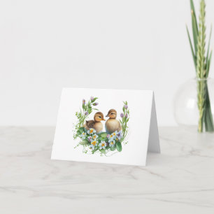 Eendjes met madeliefjes en paarse bloemen BLANK Kaart