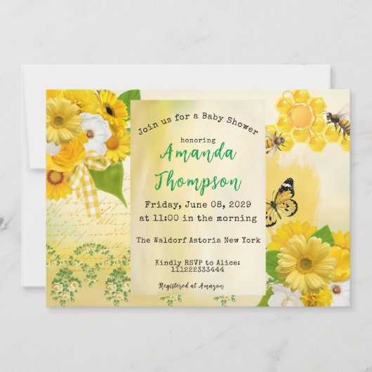 Eenduidig Baby shower van honinggele vlinder en bi Kaart (Voorkant)