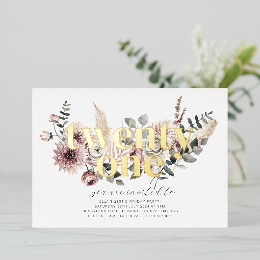 Eenentwintig bloemen - 21ste verjaardag - Goud Folie Uitnodiging (Staand Voorkant)