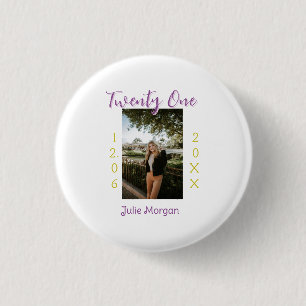 eenentwintig foto verjaardag roze paars meisje jon ronde button 3,2 cm
