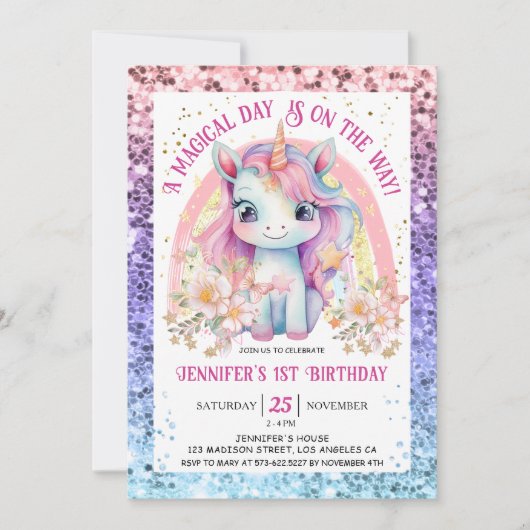 Eenhoorn 1e Verjaardag Meisje Roze Regenboog Glitt Kaart (Voorkant)