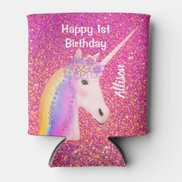 Eenhoorn 1e verjaardagsfeestje roze glitter monogr blikjeskoeler
