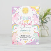 Eenhoorn 4e verjaardag uitnodiging Bewerkbare Rain (Staand voorkant)